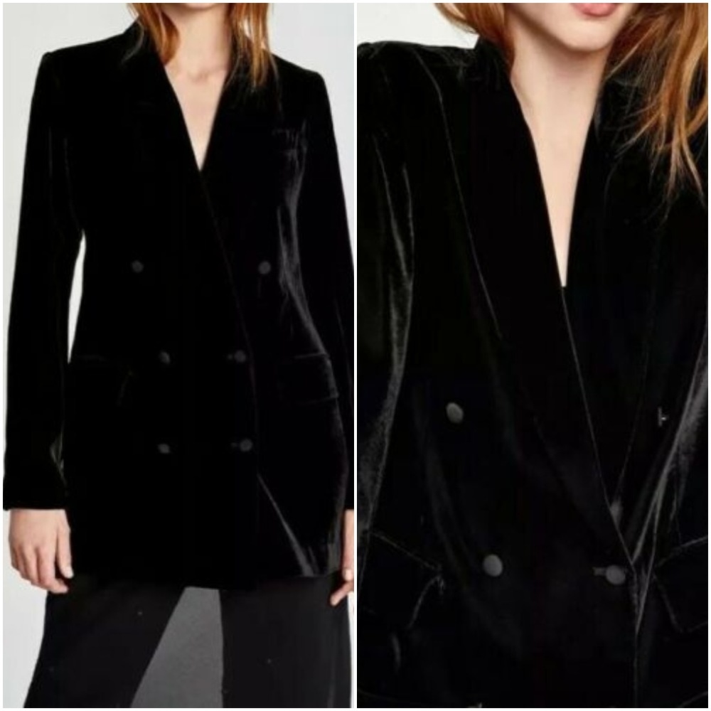 ZARA WOMAN Black Velvet Effect Satin Accent Double Breasted Tuxedo Blazer